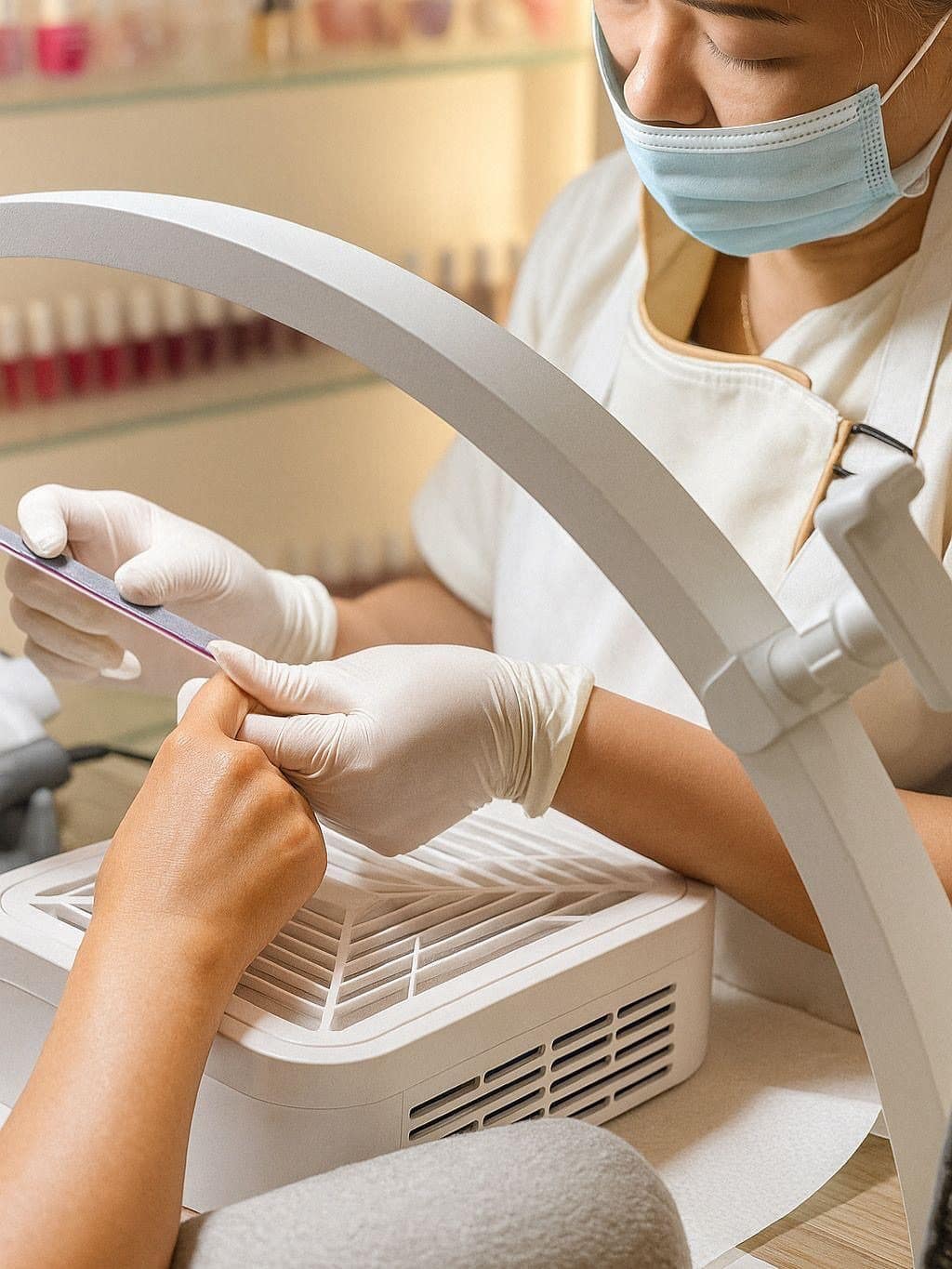 A technician at Oshun Beauty Spa preparing a client's nail under a magnifying lamp